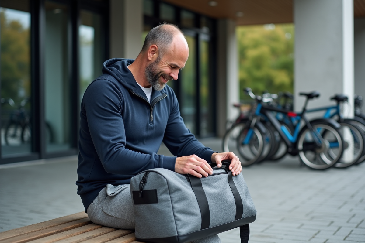 Homme vérifiant son sac de sport devant la salle de gym