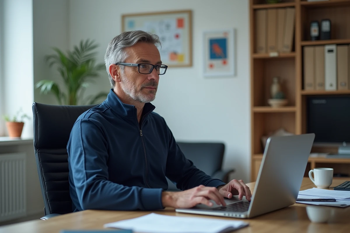 Homme d'âge moyen en survêtement navy concentré sur son ordinateur
