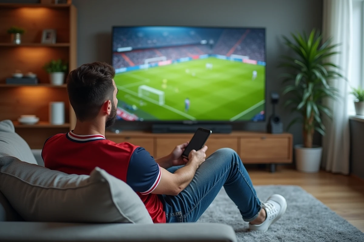 Homme regardant un match de sport à la télévision dans un salon cosy