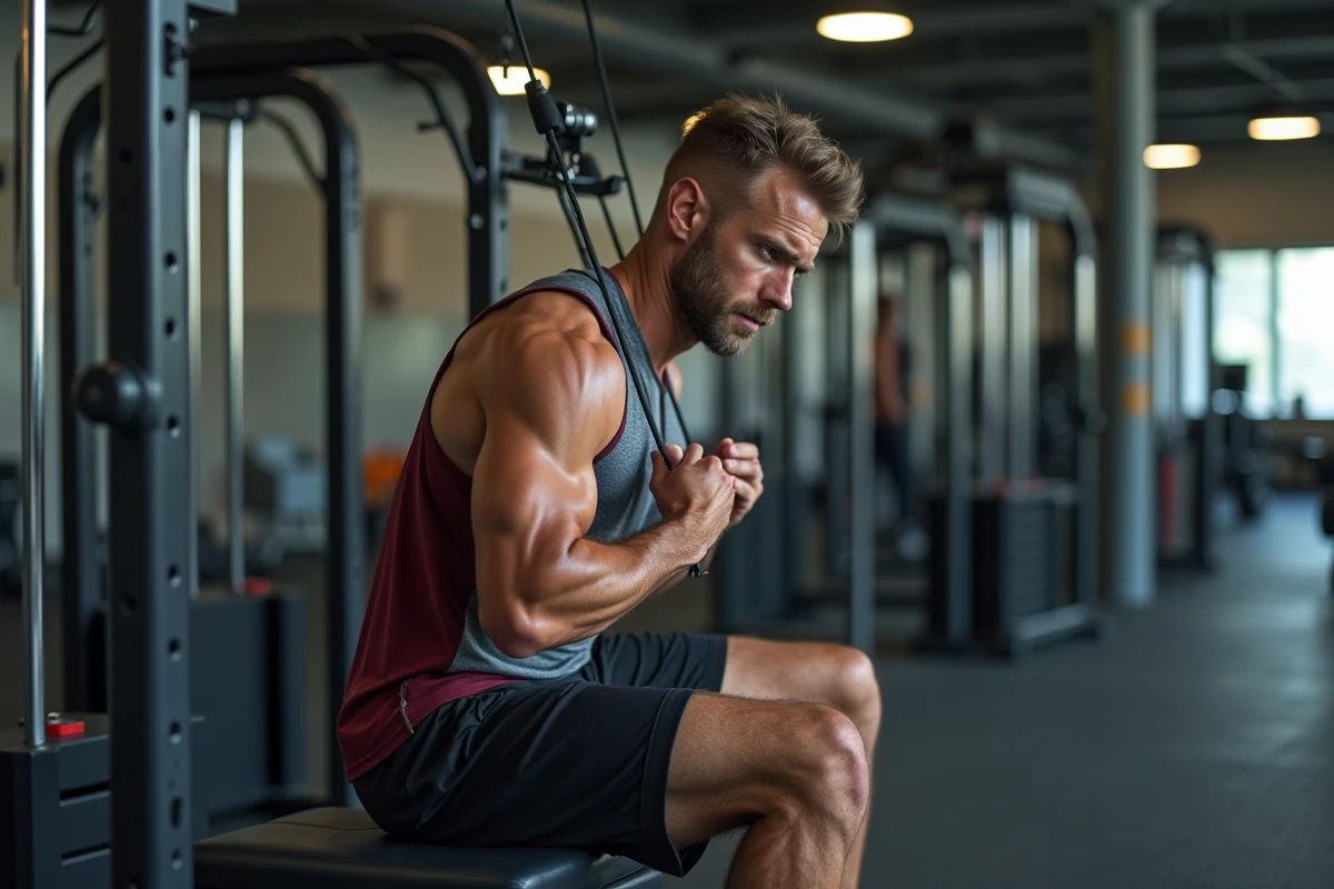 Homme athlétique en salle de sport finissant un exercice de dos