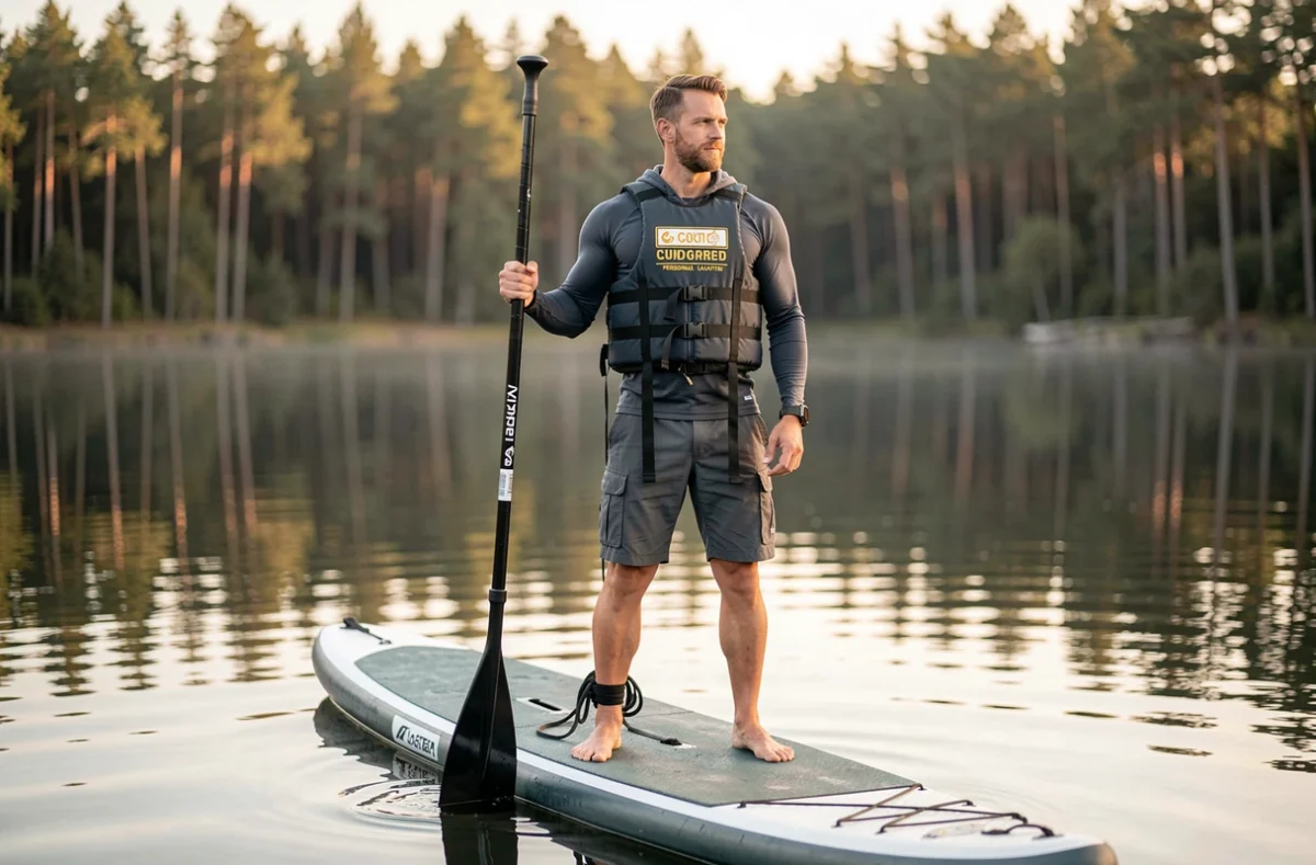 Homme en SUP sur lac avec gilet de sauvetage et leash de sécurité, accessoires indispensables pour le paddle
