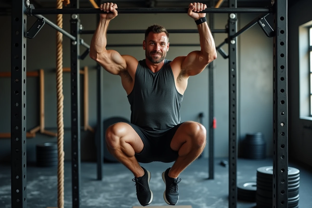 Homme suspendu à une barre effectuant un relevé de genoux pour muscler le bas du ventre en CrossFit