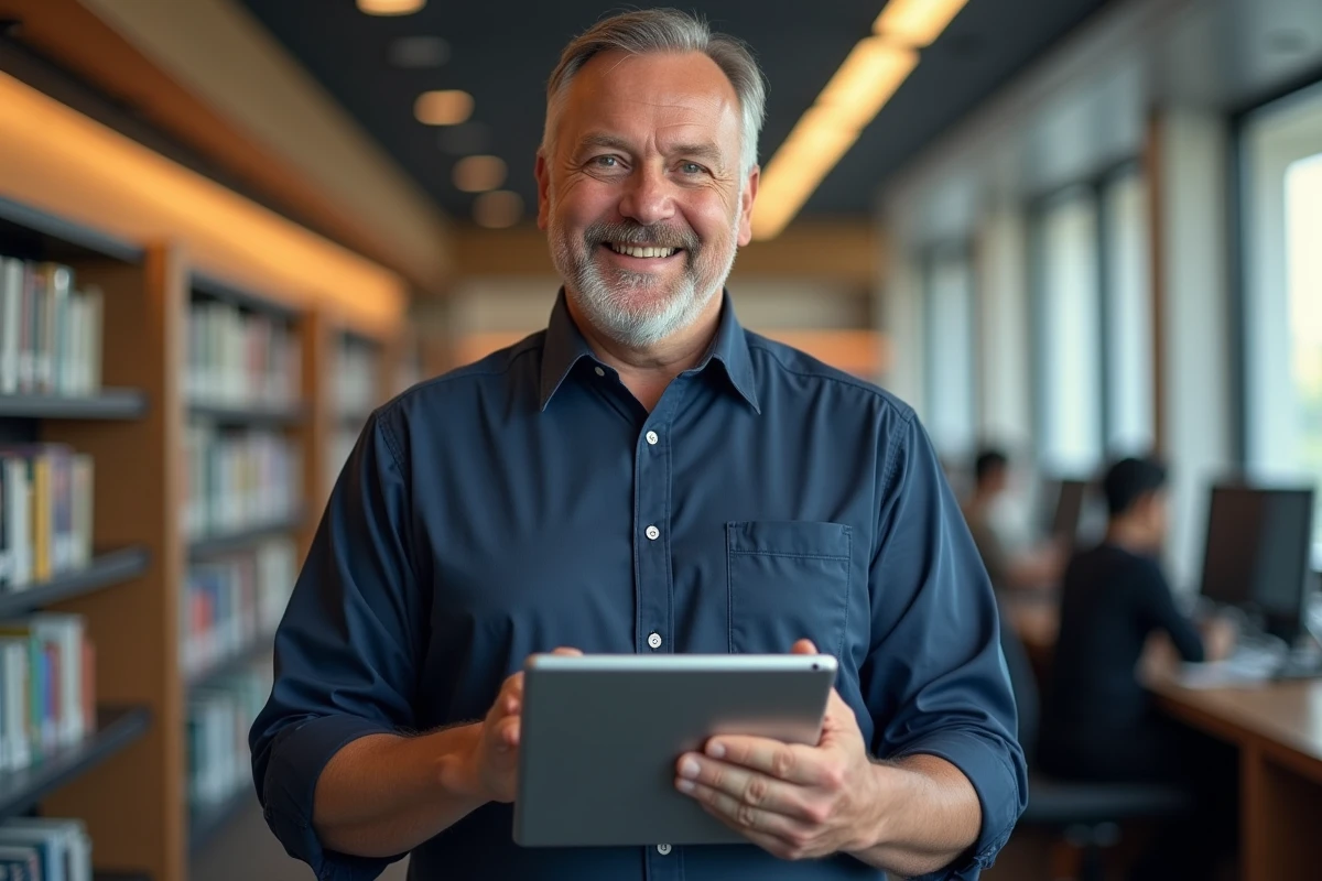Homme souriant utilisant une tablette avec l