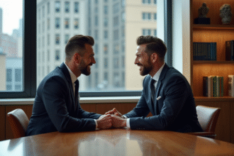 Deux hommes d âge moyen en costume dans un bureau moderne