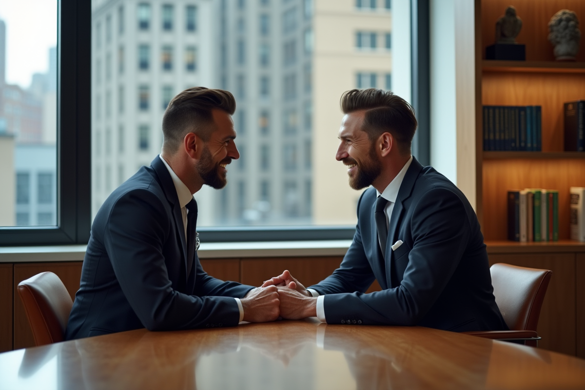 Deux hommes d âge moyen en costume dans un bureau moderne