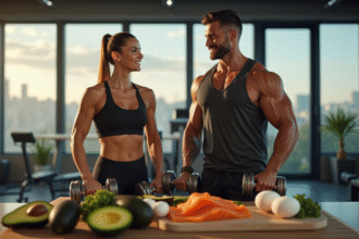Homme et femme musclés levant des haltères dans une salle de sport moderne