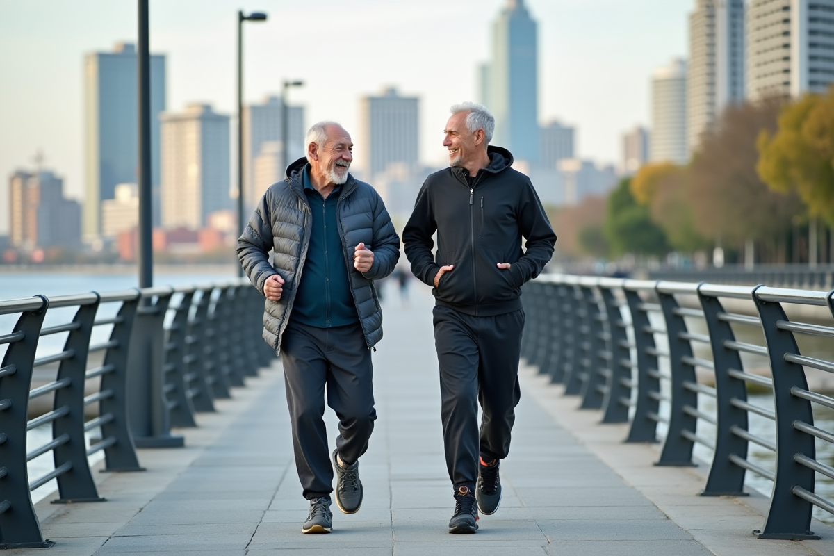 Deux hommes âgés en marche sportive au bord de l