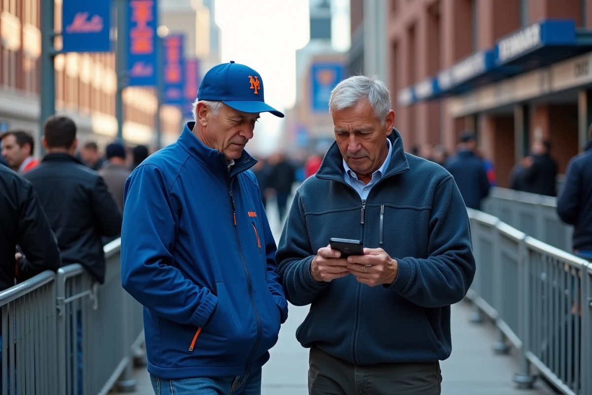 Deux hommes devant le stade avec fans et banderoles Mets