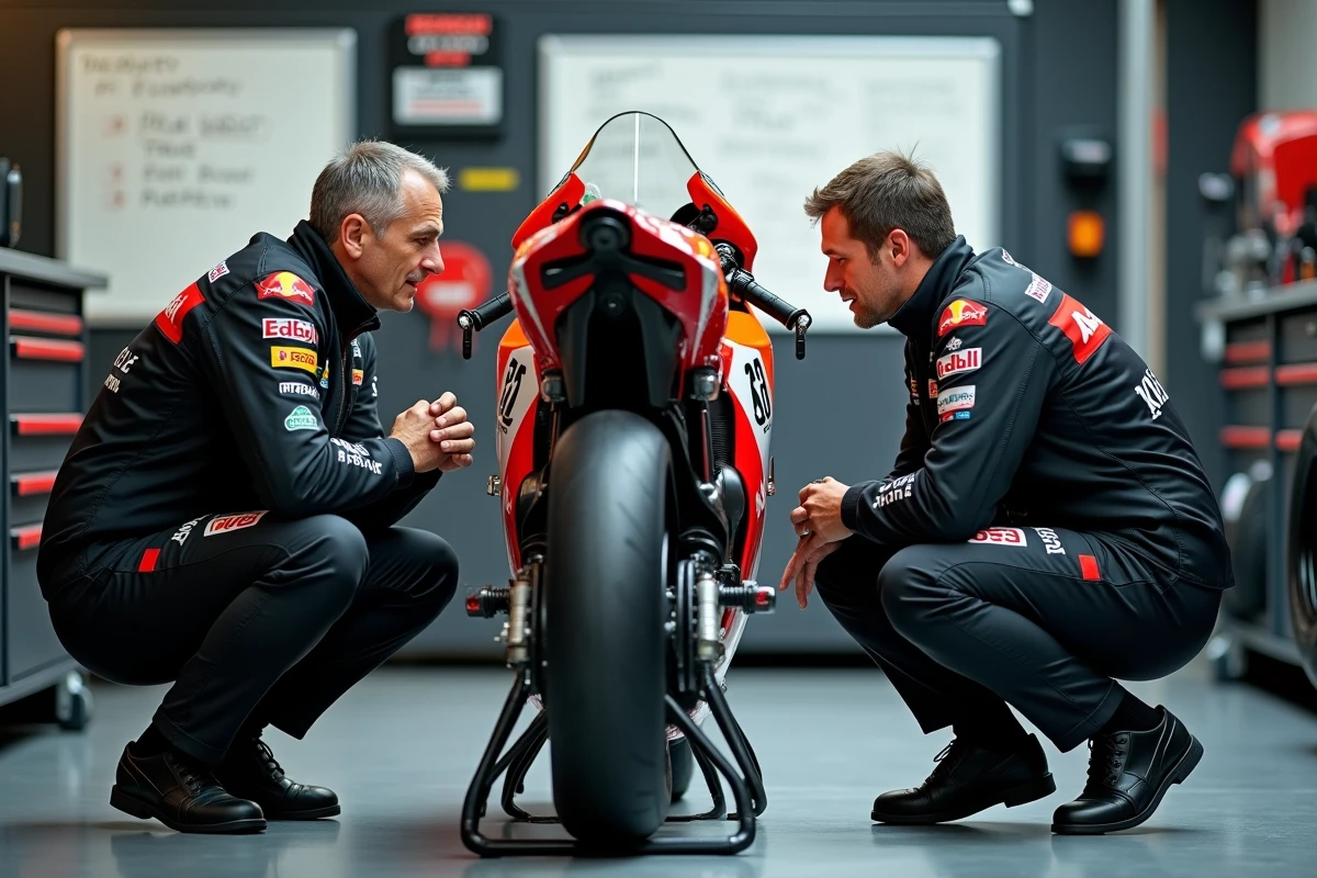 Ingénieurs MotoGP inspectant la suspension arrière d'une moto de course dans le paddock