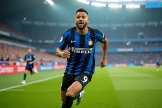 Joueur de l'Inter Milan en pleine course sur la pelouse d'un grand stade européen lors d'un match de Ligue des Champions