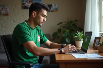 Jeune homme algérien en maillot vert devant son ordinateur