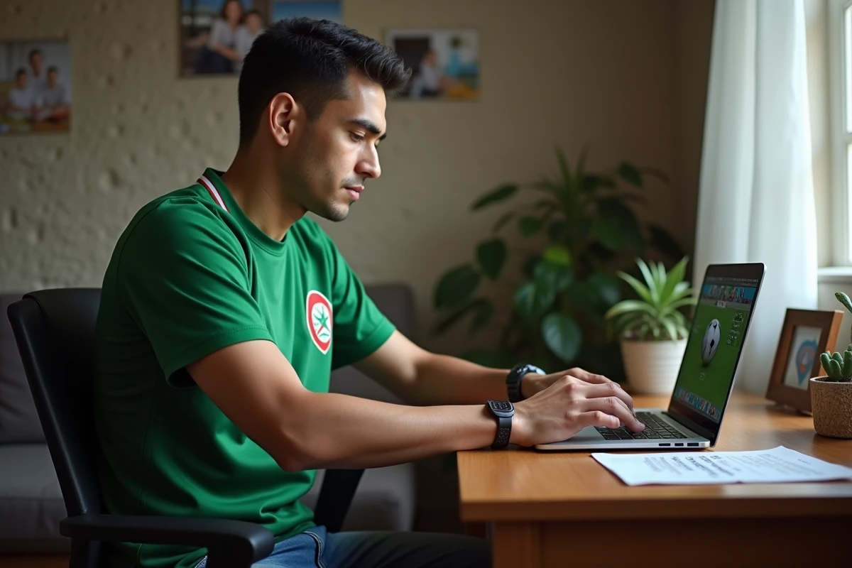 Jeune homme algérien en maillot vert devant son ordinateur