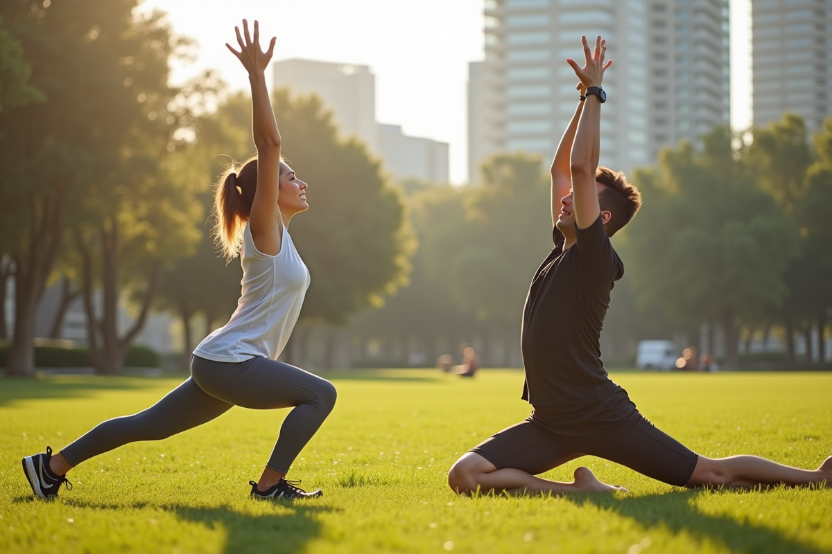 Un jeune homme et une femme en yoga dans un parc ensoleille