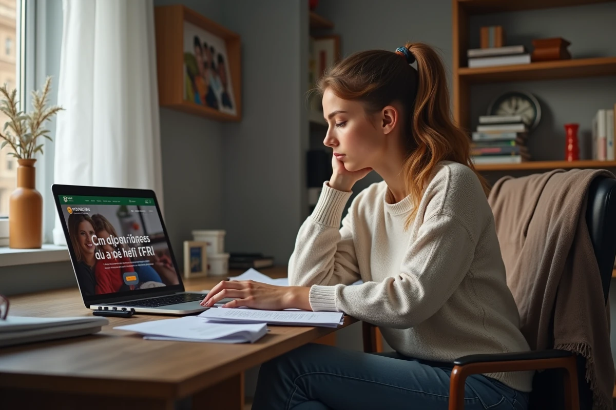 Jeune femme regardant le site de billetterie rugby sur son ordinateur