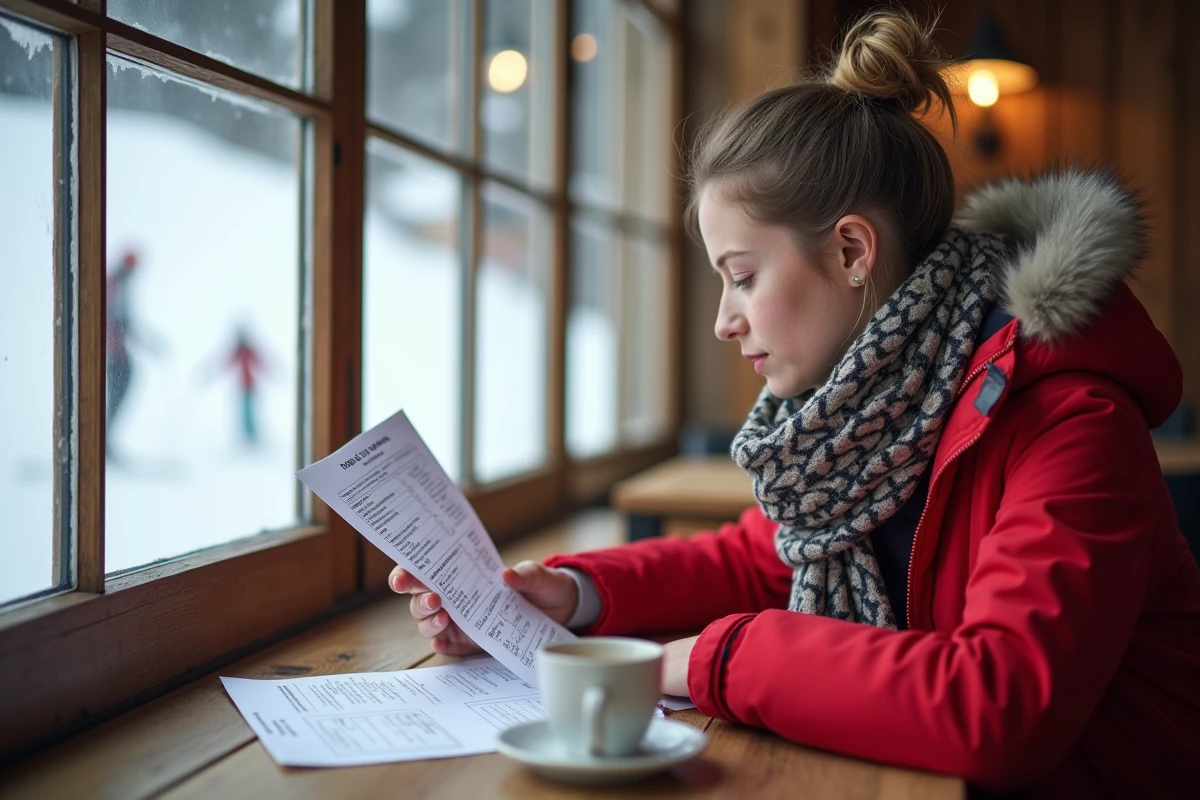 Jeune femme en ski lisant un prix de passes au café Les Menuires