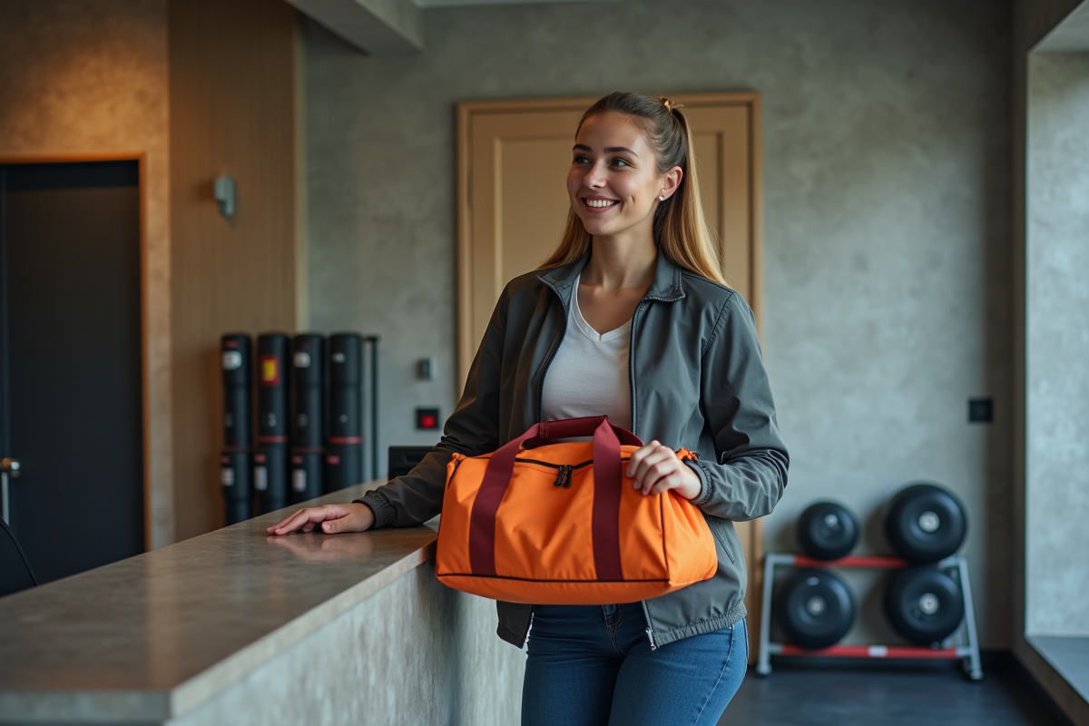 Jeune femme souriante à la réception d'une salle de sport