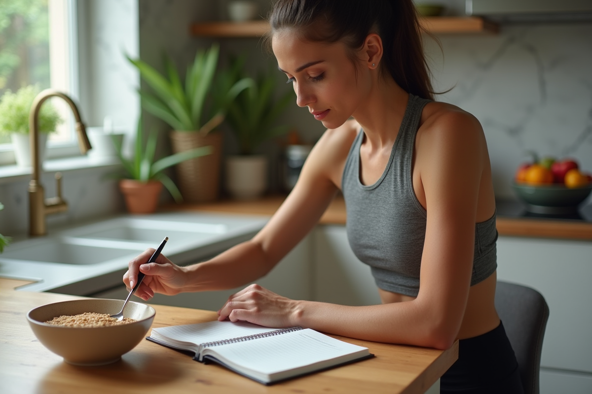 Jeune femme sportive en cuisine mesurant des grains
