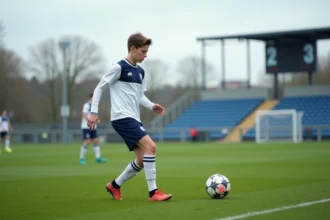 Jeune footballeur en détection régionale FFF sur un terrain de football en Essonne