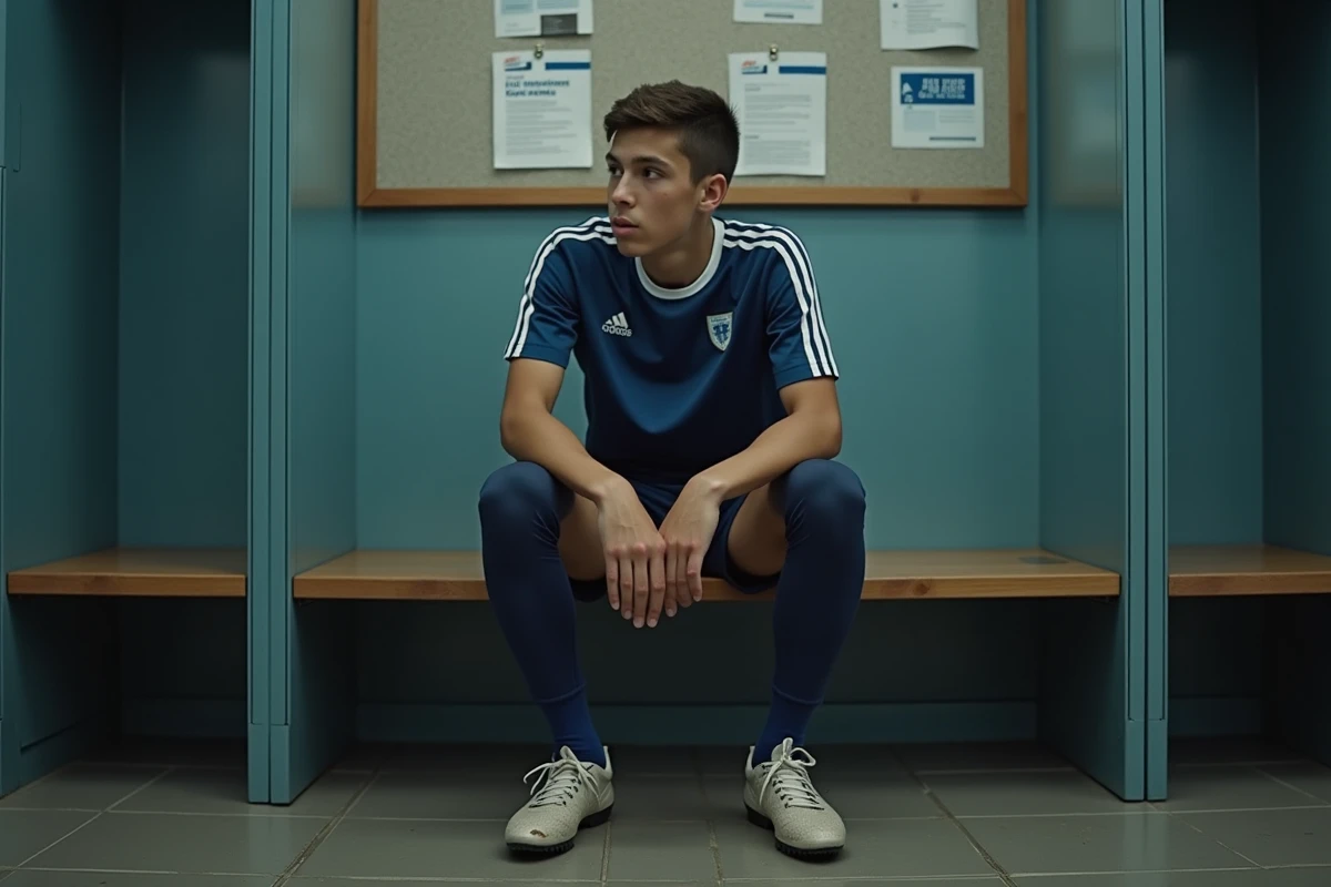 Jeune footballeur pensif dans un vestiaire après une session de détection FFF en Essonne