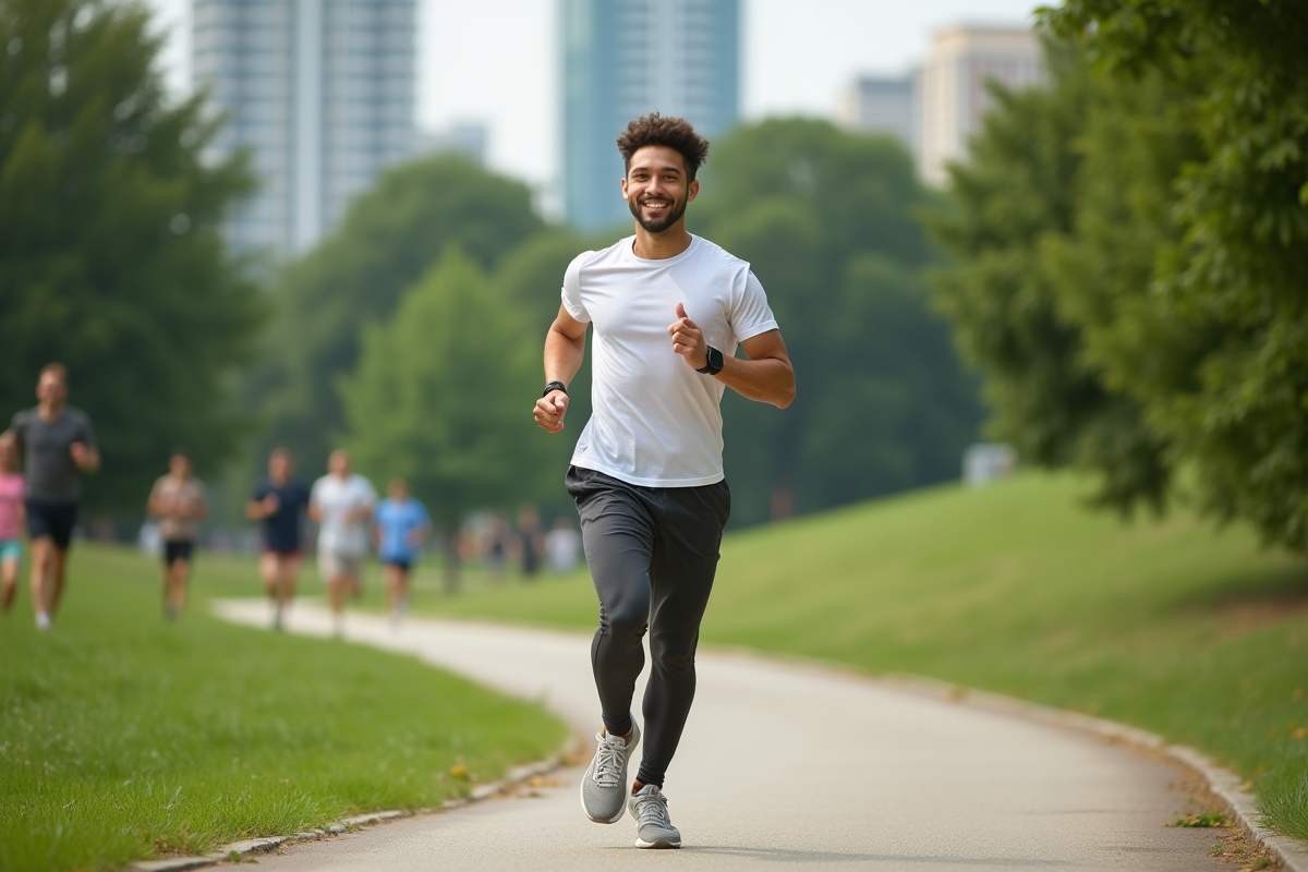 Jeune homme courant dans un parc urbain verdoyant