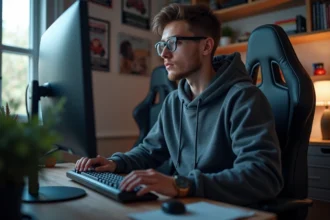 Jeune homme concentré devant son ordinateur dans sa chambre gaming