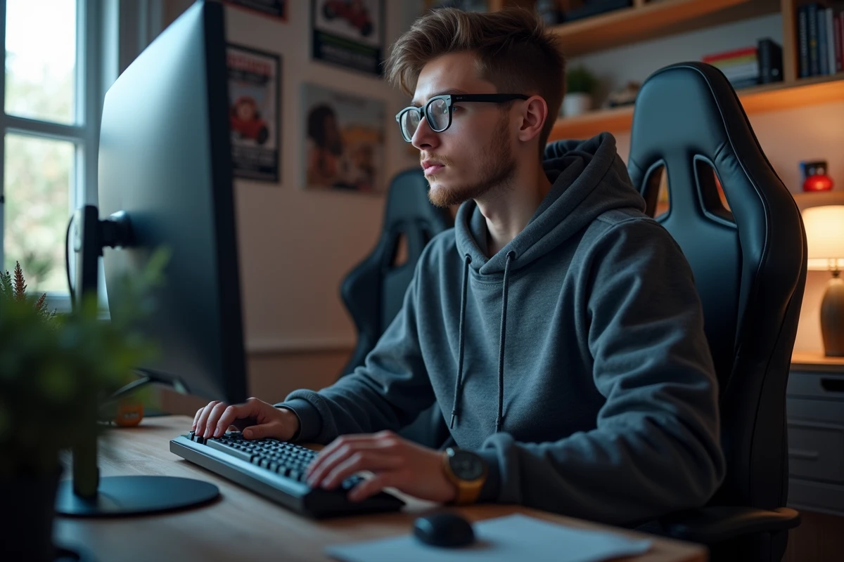 Jeune homme concentré devant son ordinateur dans sa chambre gaming