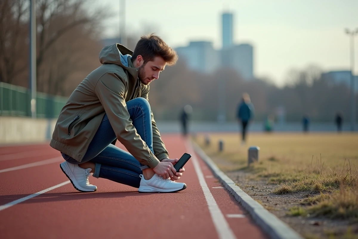 Jeune homme en jeans et coupe-vent nouant ses lacets près du terrain