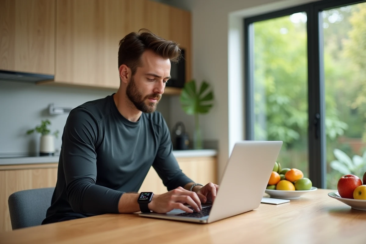 Jeune homme concentré utilisant calcul vitesse course à la maison