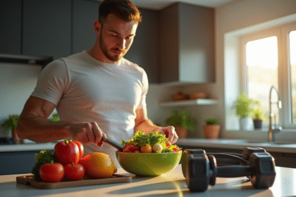 Jeune homme en forme préparant une salade colorée dans une cuisine lumineuse