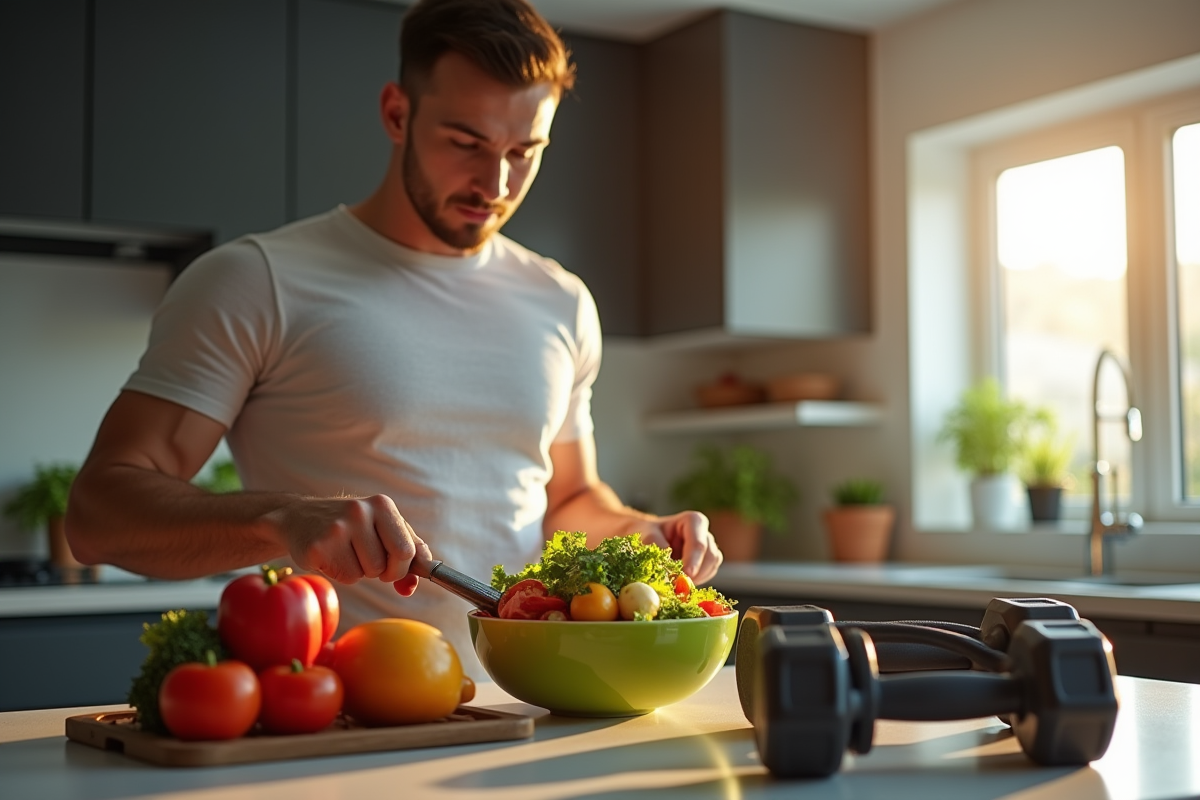 Jeune homme en forme préparant une salade colorée dans une cuisine lumineuse