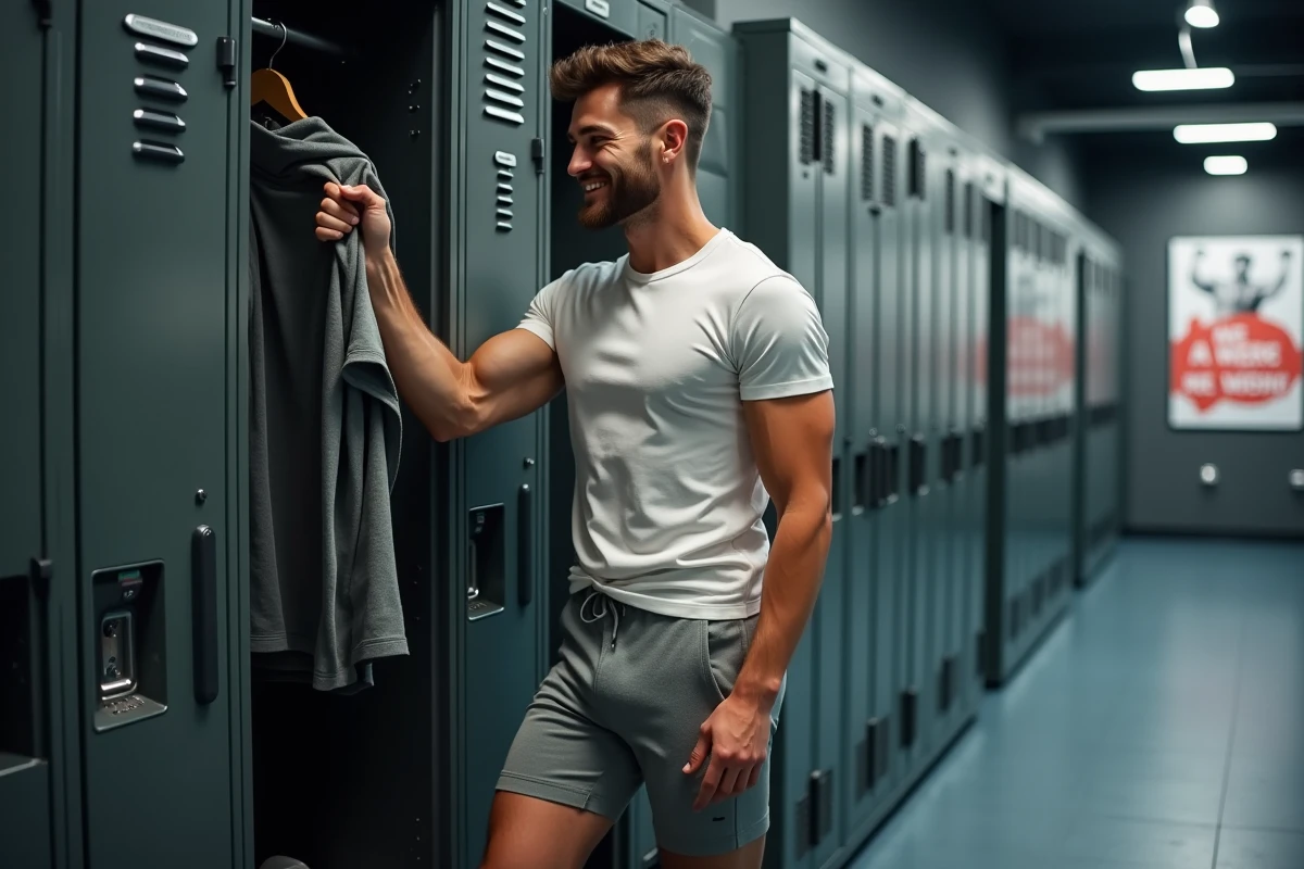 Jeune homme choisissant une tenue dans un vestiaire