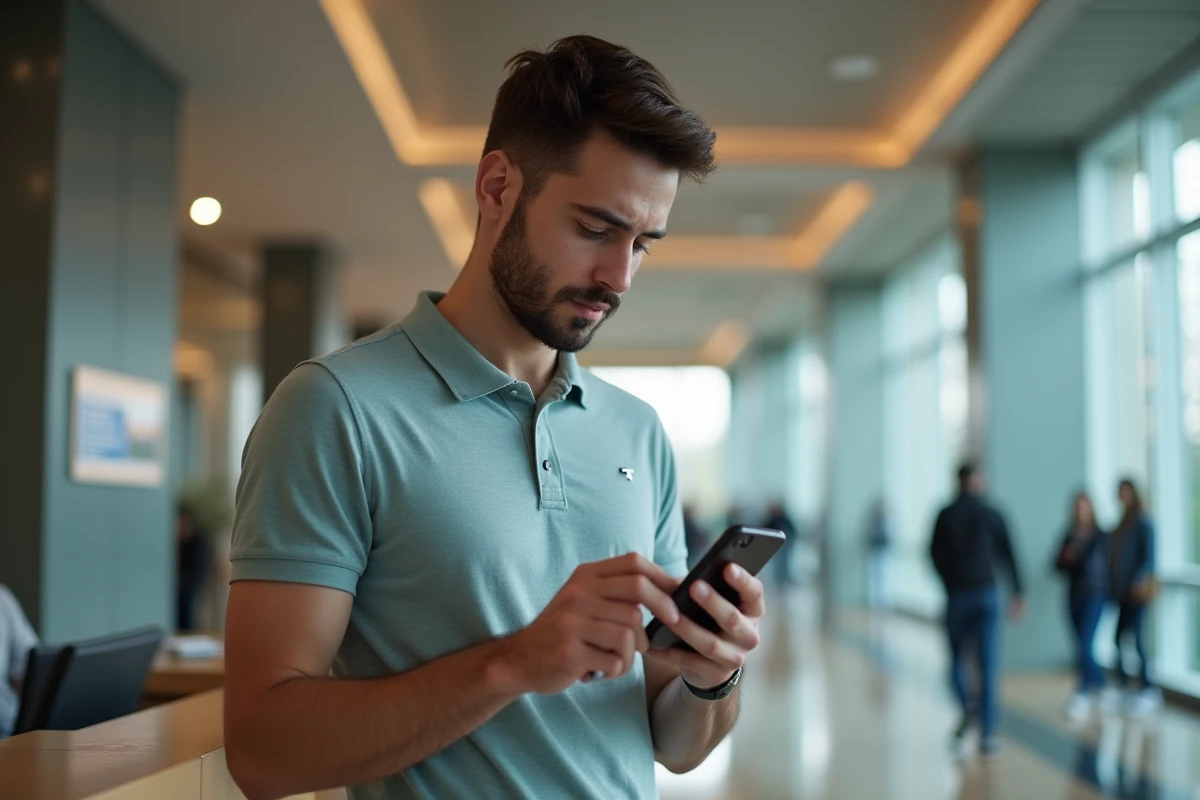 Jeune homme utilisant un smartphone dans un hall moderne