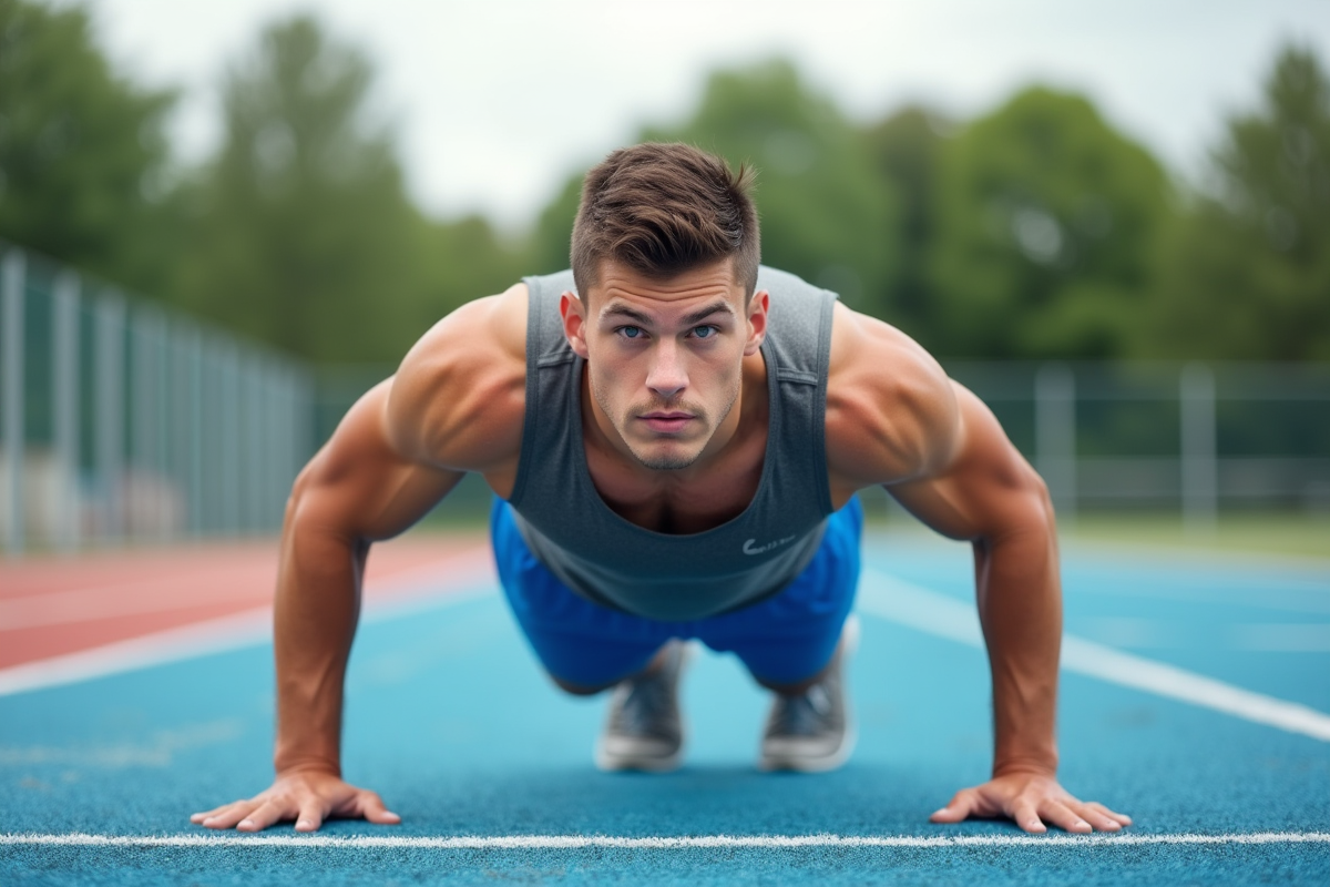 Jeune homme en planche sur un terrain sportif en extérieur