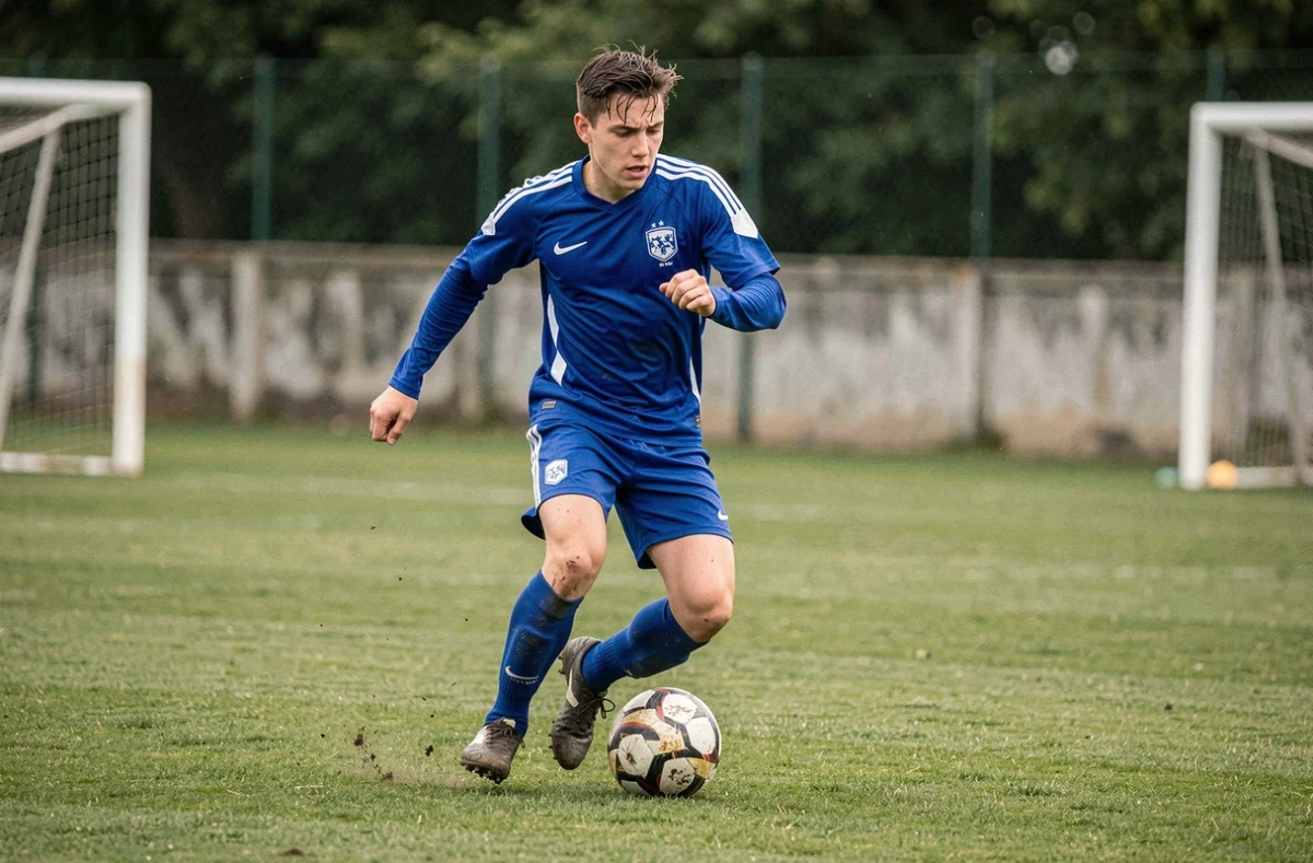 Jeune joueur talentueux en plein entraînement lors d'un essai dans une académie de football portugaise