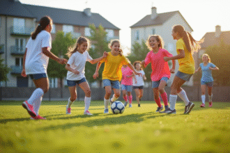 Jeunes filles jouant au football en extérieur en célébrant un but