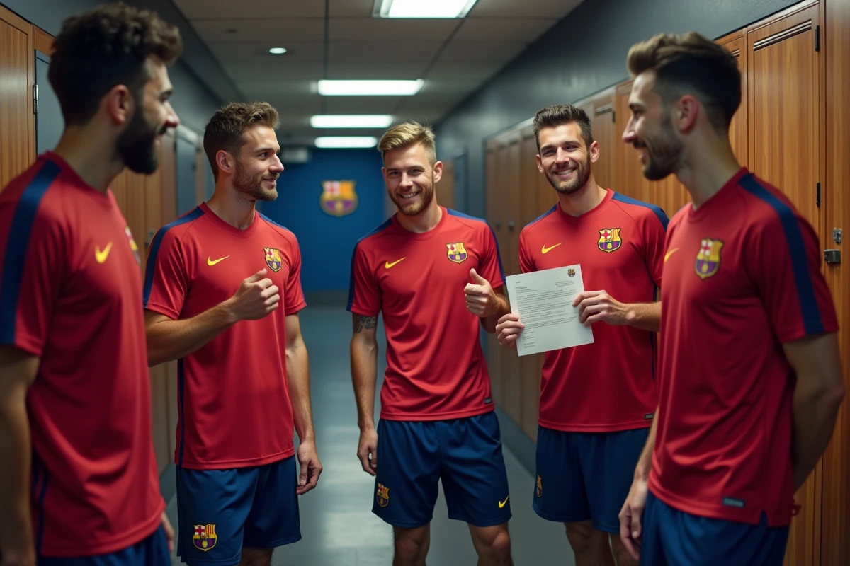 Jeunes joueurs de football FC Barcelona en entraînement souriants