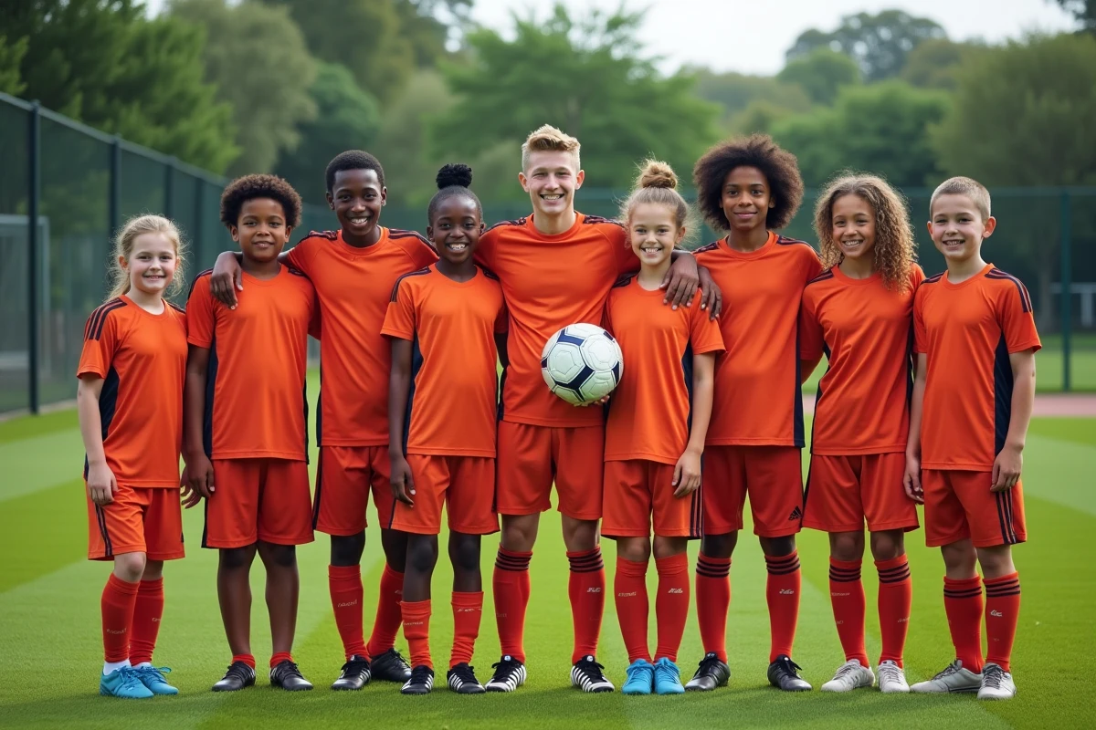 Groupe de jeunes footballeurs en maillots d'équipe sur le terrain