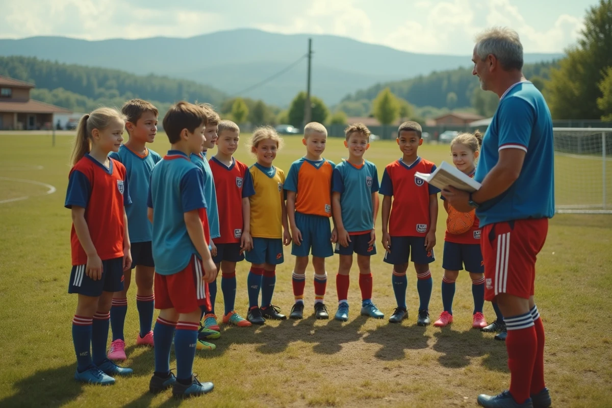 Jeunes joueurs de football ruraux souriants avec entraîneur