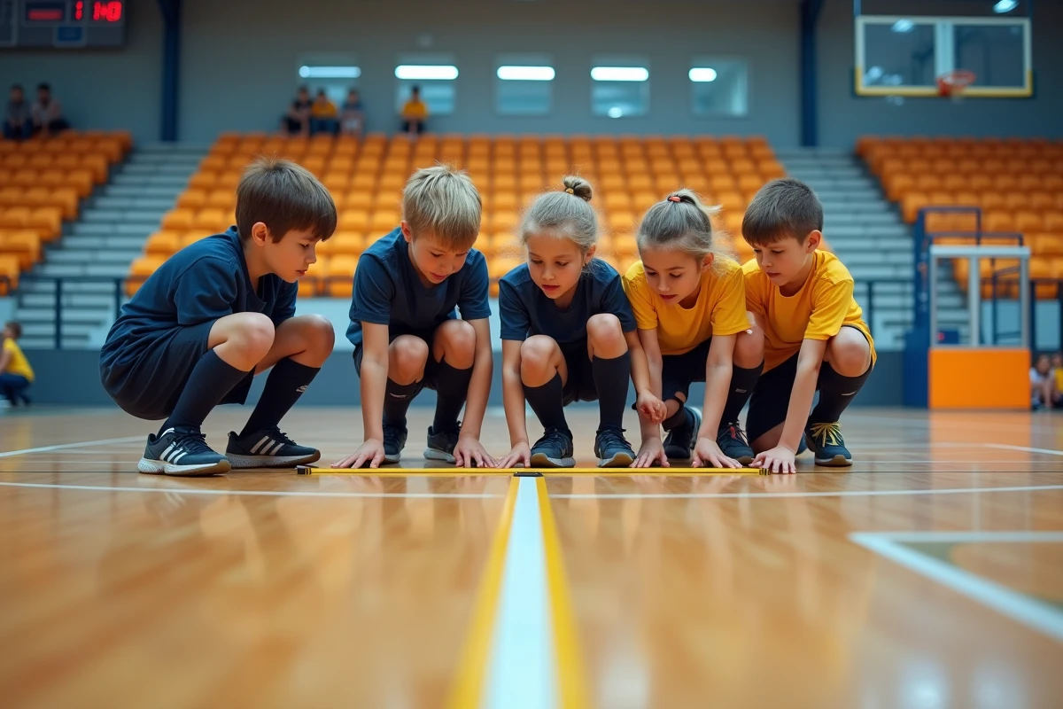 Groupe de jeunes en uniforme de handball sur le terrain intérieur