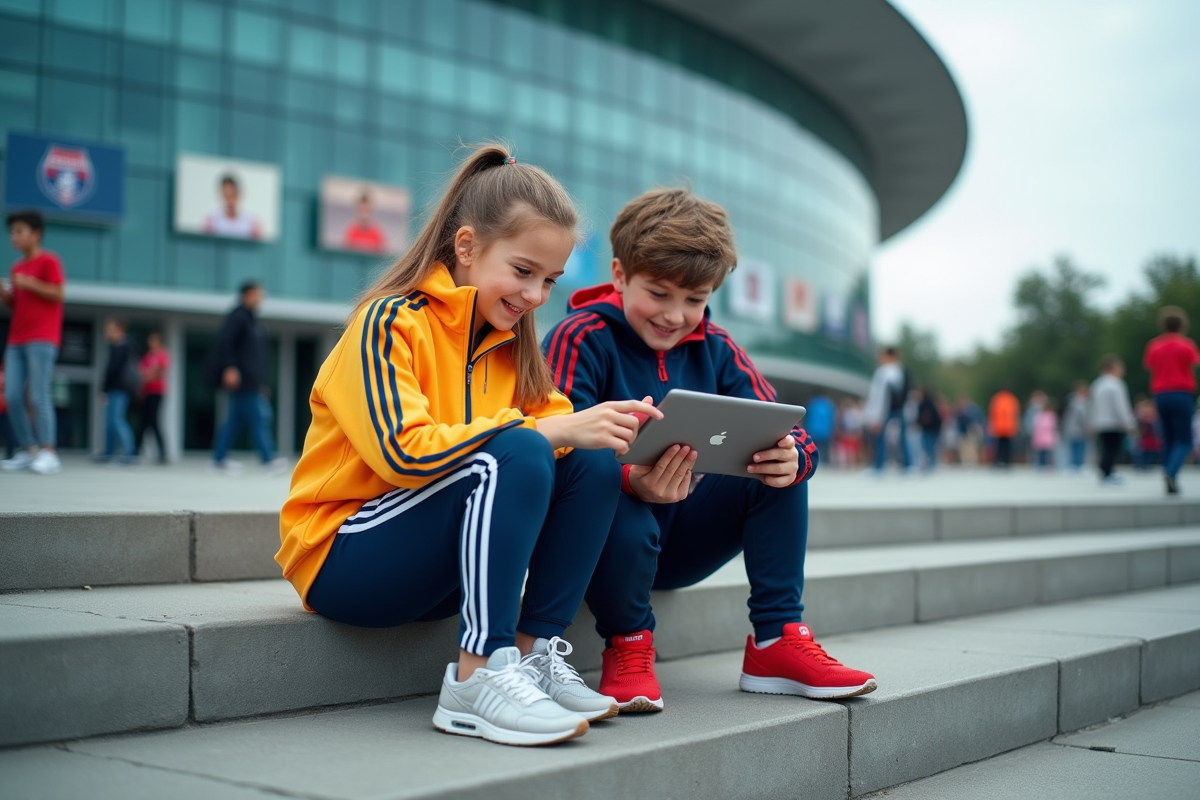 Jeunes sportifs avec tablette devant un stade moderne