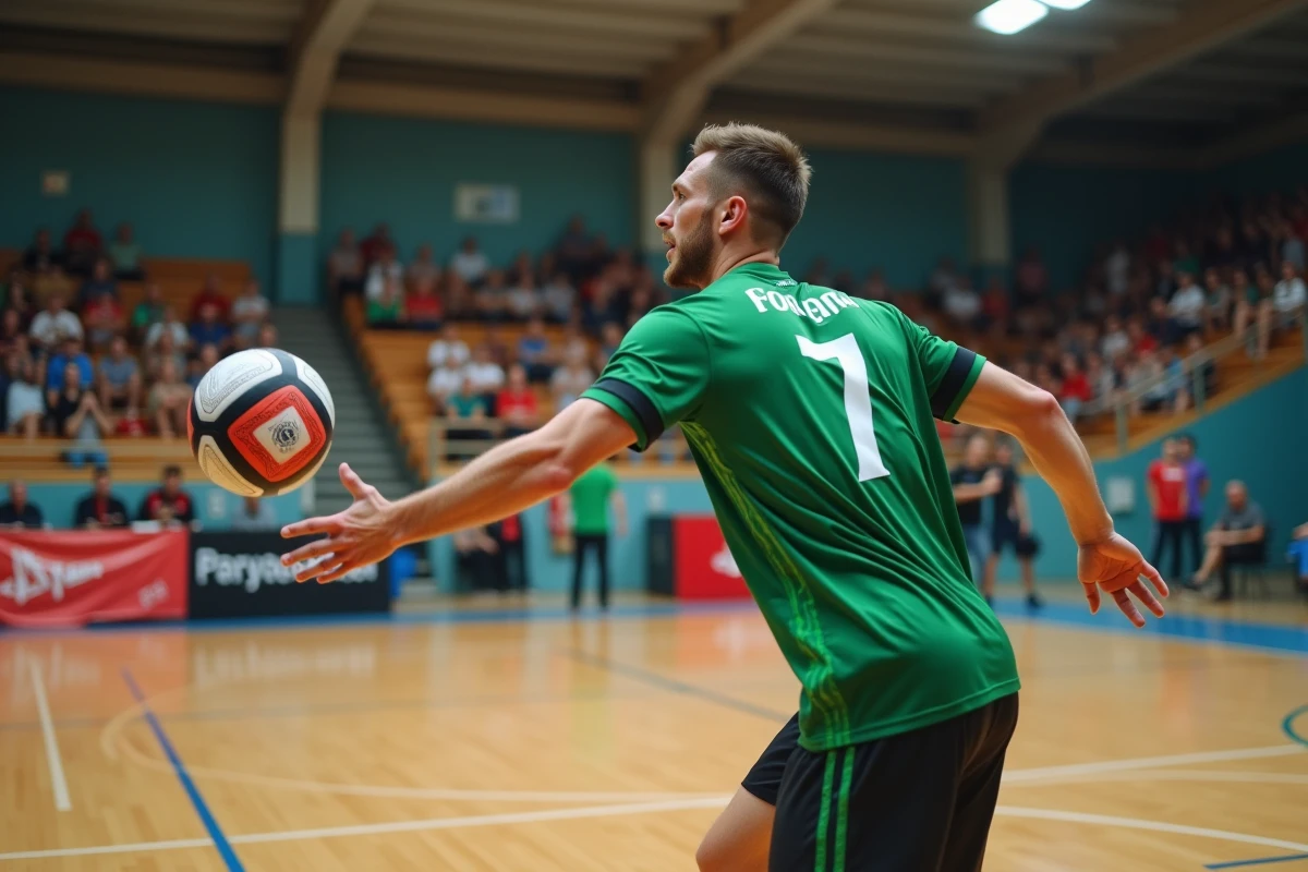 Joueur étranger en action lors d'un match de handball dans un gymnase portugais avec des supporters locaux