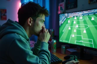 Joueur de FC 25 frustré devant son écran de gestion de DCE avec une expression d'erreur visible