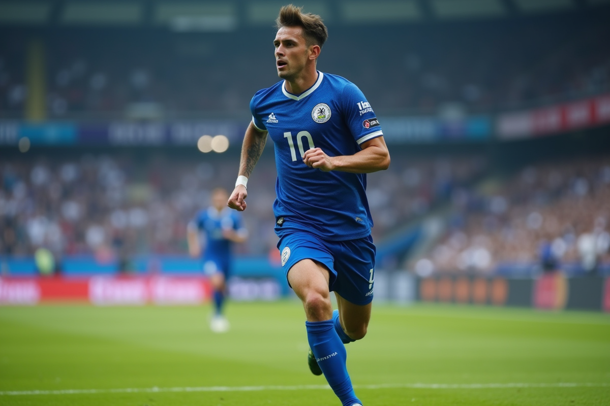 Joueur de football en pleine course sur un terrain vert