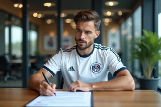 Joueur de football professionnel en National 2 signant un contrat dans les bureaux d'un club sportif