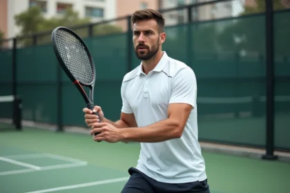 Joueur de padel en position de jeu lors d'un tournoi P100 sur un court extérieur en gazon synthétique