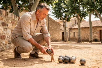 Joueur de pétanque concentré s'apprêtant à tirer la boule noire sur un terrain en terre battue lors d'une partie décisive