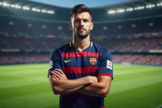 Joueur de football professionnel en tenue PSG posant avec confiance sur la pelouse du Parc des Princes