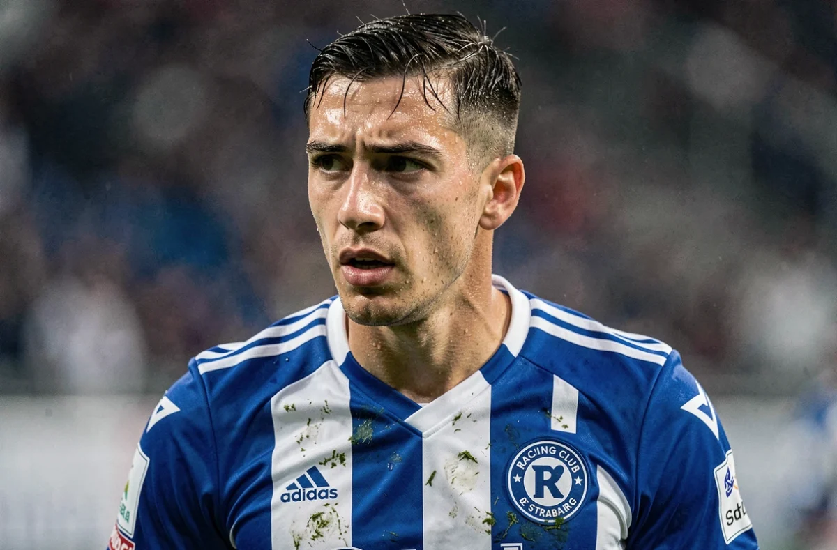 Portrait d'un joueur du Racing Club de Strasbourg en tenue officielle 2026, concentré avant un match de classement