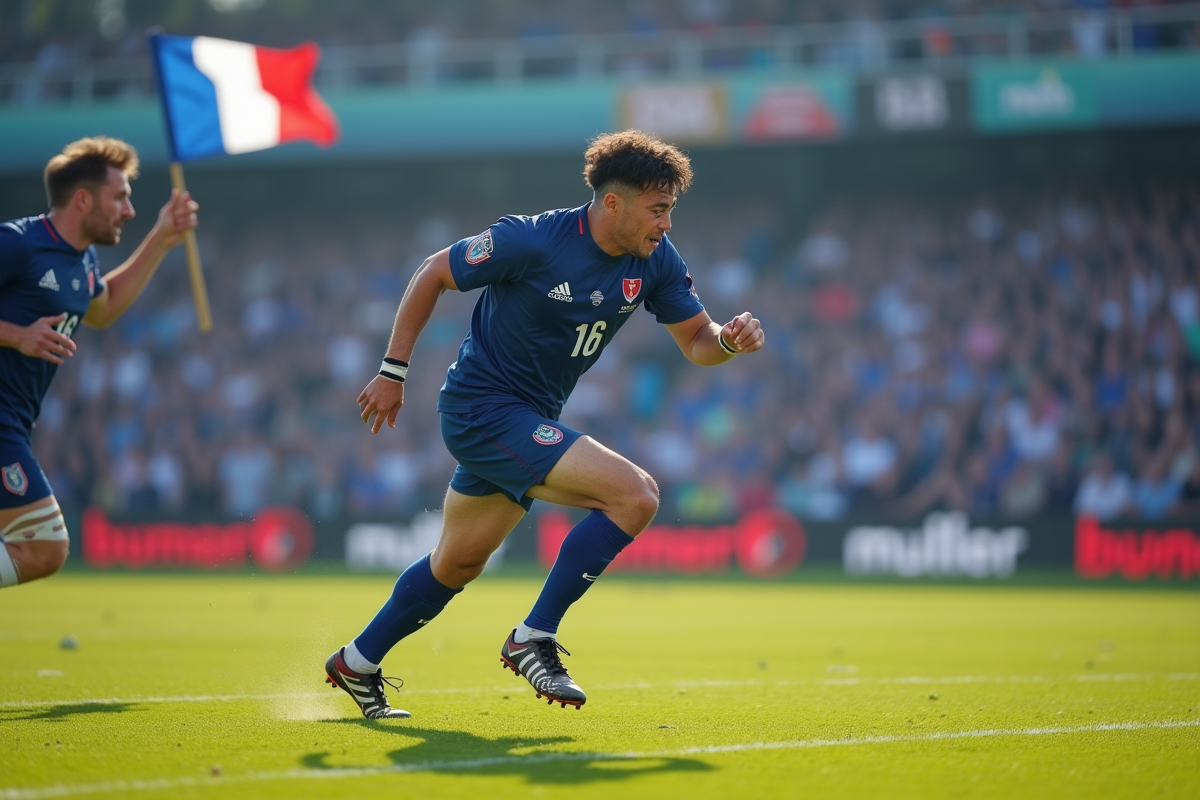 Joueur de rugby à sept français courant sur le terrain avec fans en arrière-plan
