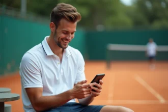 Joueur de tennis consultant des codes promo sur son smartphone assis au bord d'un court en terre battue